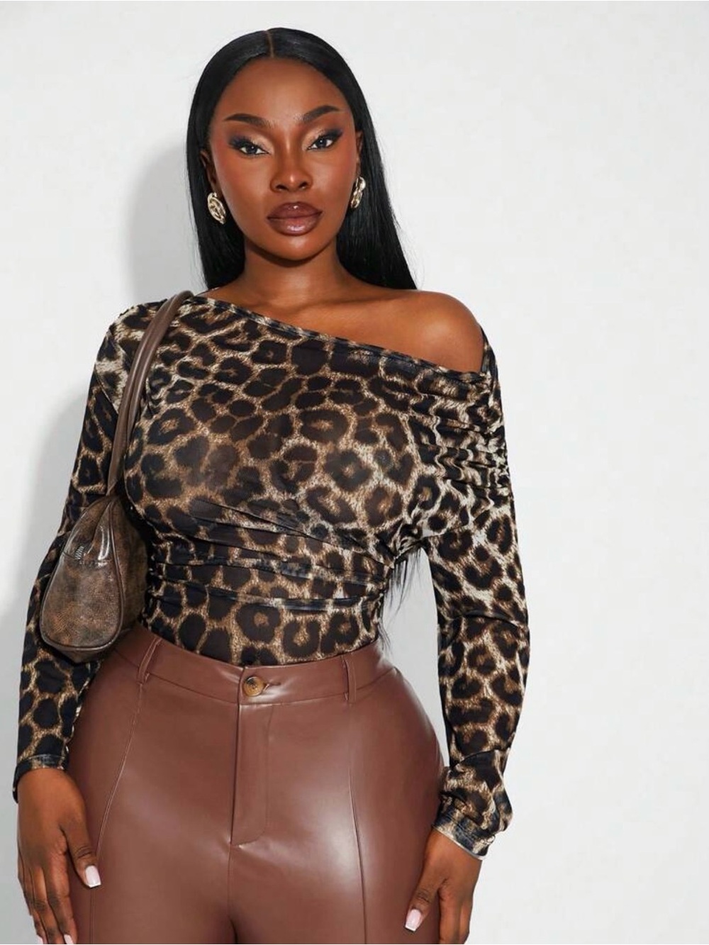 SHEIN Brown & Black Leopard Off-Shoulder Long Sleeve Top